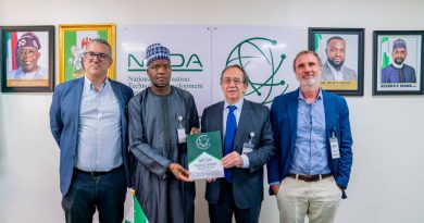 The Ambassador of Spain to Nigeria, Juan Sell, being presented with NITDA SRAP Documents by DG's Representative, Dr Usman Abdullahi Gambo, flanked by Reps of SEIDOR