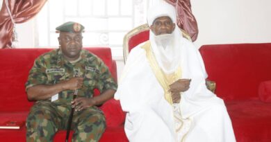 Emir of Kotorkashi, His Royal Highness, Abubakar Ahmad Umar withBrigadier General Mohammed Dahiru Abumawashi, the Deputy Director Coordination of Media Operations During a media tour of Defence Correspondents to the monarch's palace in Zamfara State