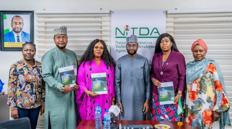 Group photo of the DG NITDA, Kashifu Inuwa CCIE (middle) alongside Director CAER, NITDA, Hadiza Umar (right) SSA to the President, Comm. Eng. S/W Ms Moremi Ojudu(2nd right), SSA to the President, Comm. Eng. S/E, Barr Chioma Nweze (3rd left), SSA to the President, Comm. Eng. N/W, Hon Abdallah Tanko Yakassai (2nd left) and Member, NITDA Strategic Team, Ms Dayo Johnson (left)