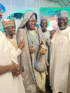 L-R Barrister Ahmed Moyosore, the honouree; Professor AbdulRasheed Olayinka Na'Allah and Alhaji Atanda