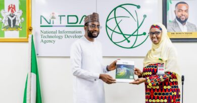 DG NITDA, Kashifu Inuwa CCIE (left) presenting the agency’s SRAP 2.0 document to the Director, ACEPHAP, Prof. Hadiza Galadanci (right) at the corporate headquarters of NITDA in Abuja