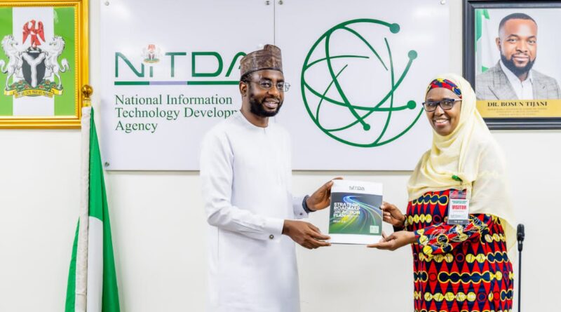 DG NITDA, Kashifu Inuwa CCIE (left) presenting the agency’s SRAP 2.0 document to the Director, ACEPHAP, Prof. Hadiza Galadanci (right) at the corporate headquarters of NITDA in Abuja