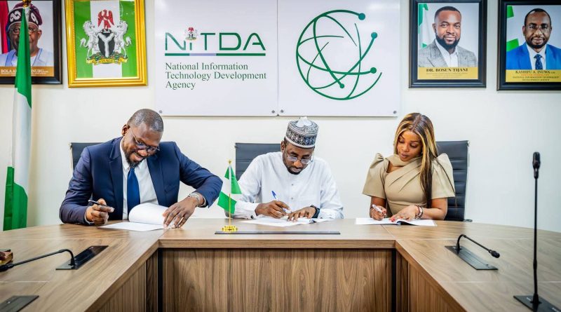 DG, NITDA, Kashifu Inuwa, CEO Flutterwave, Olugbenga Agboola, and Alami's CEO, Ms. Olu White during signing of the MoU