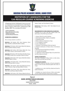 Invitation of candidates for the 12th Regular Course Screening Exercise 
