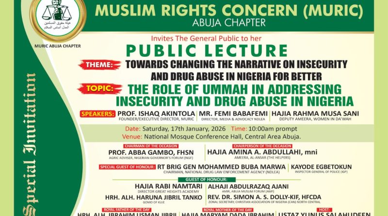 MURIC to Hold Public Lecture on Insecurity, Drug Abuse in Abuja